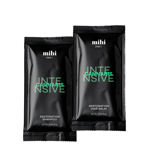 250716 Cannabis Intensive. Sáčky: Šampon Restoration + balzám na vlasy Restoration